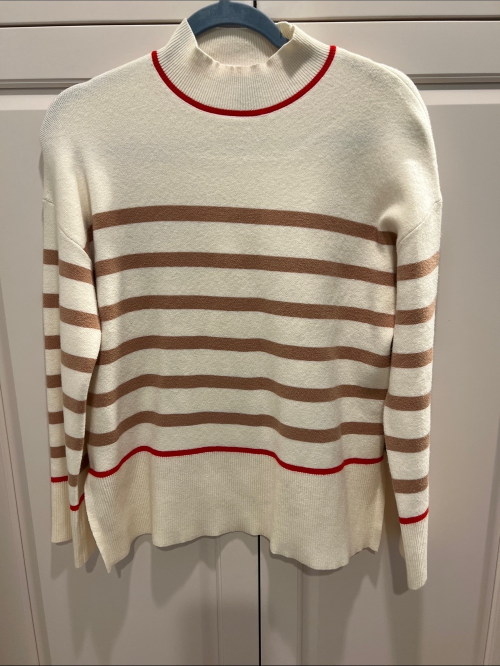 Tahari Cream Sweater with Brown Stripes and Red Trim small